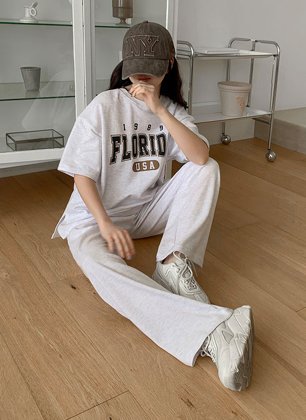 フェトウス　FOTUS　古着ヴィンテージ　　ホワイトサテン　スウェットパンツ FLORIDAスリット半袖Tシャツ&スウェットパンツSET | レディース