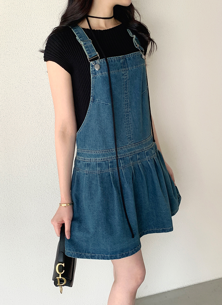 DRAWER今期新品デニムサロペットドゥロワー blaminkブラミンク タックフレアデニムサロペットワンピース | レディースファッション