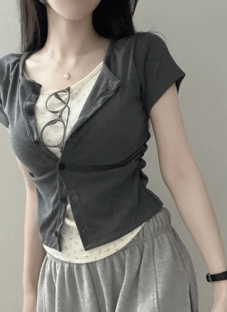シャーリングカーデレイヤードフラワー半袖Tシャツ | NEEDON | 詳細画像1