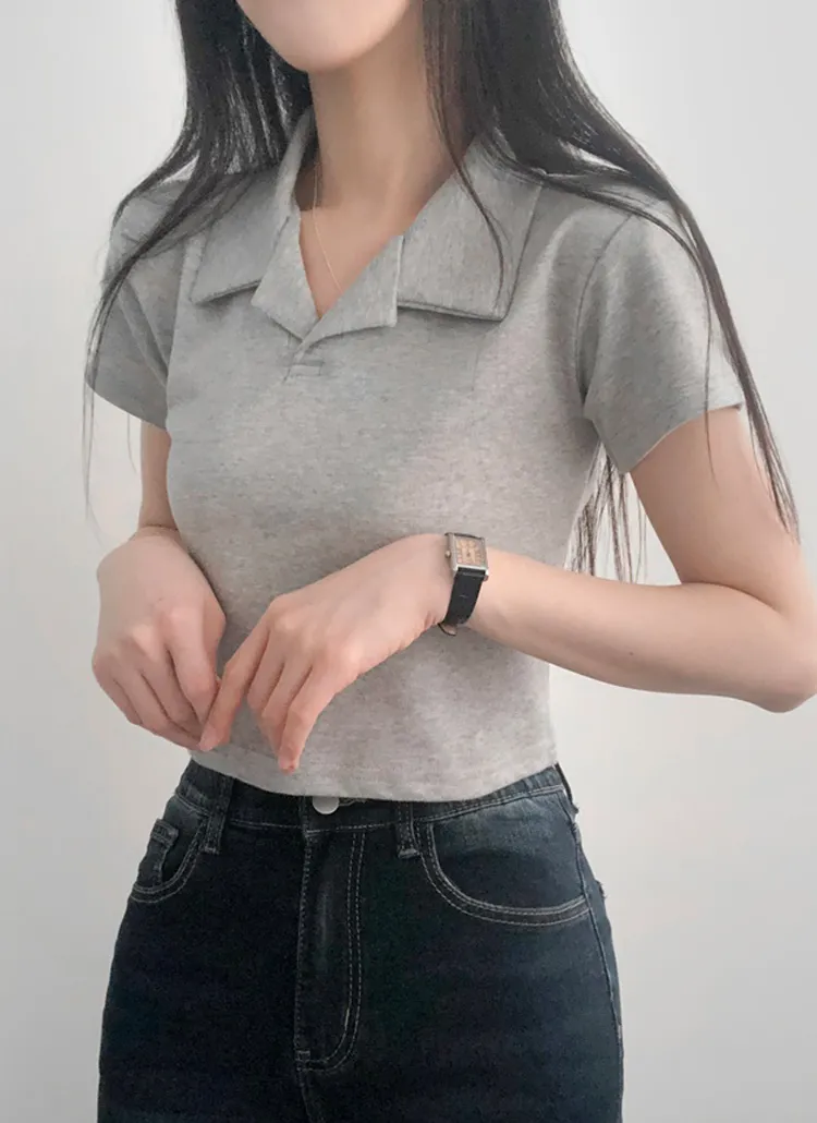 オープンカラークロップド半袖Tシャツ | lilisense | 詳細画像1