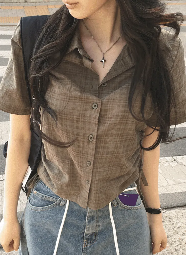 サイドストリング半袖チェックシャツブラウス | withhuilin | 詳細画像1