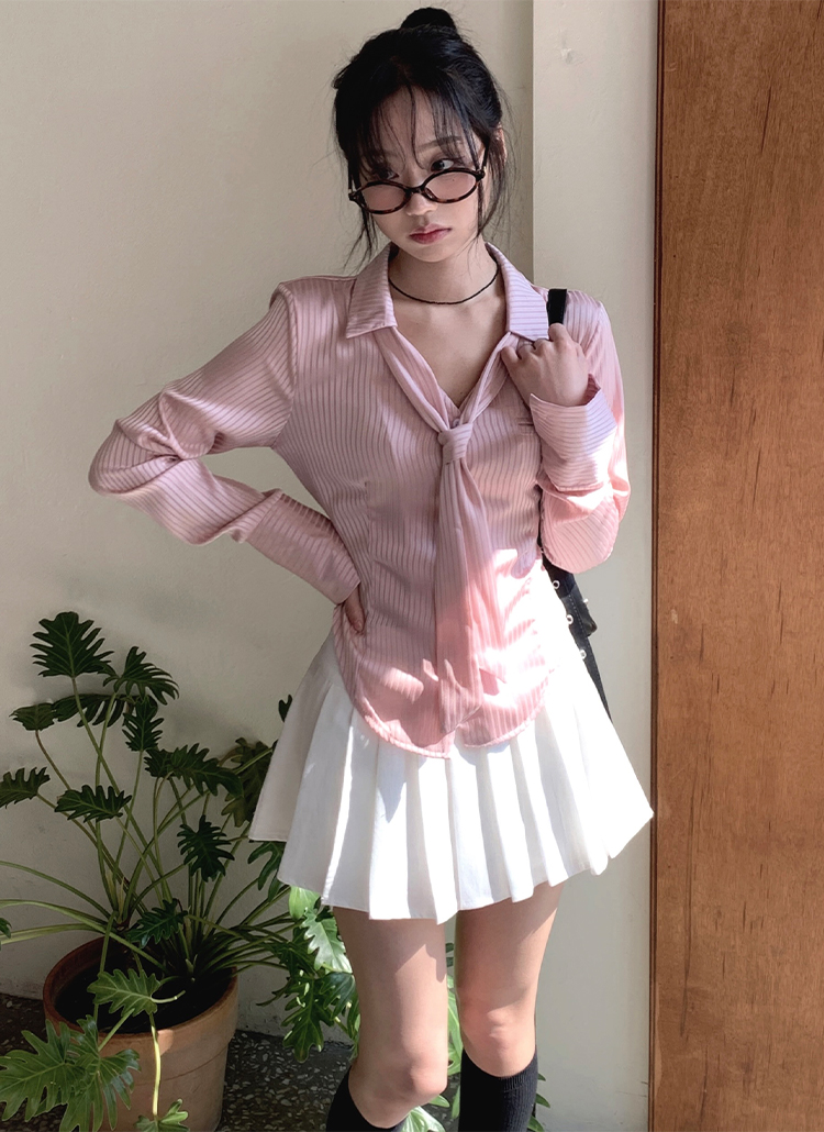 candystripper ストライプ長袖シャツ ネクタイ付き ネクタイ付シルキーストライプ刺繍シャツ | レディースファッション