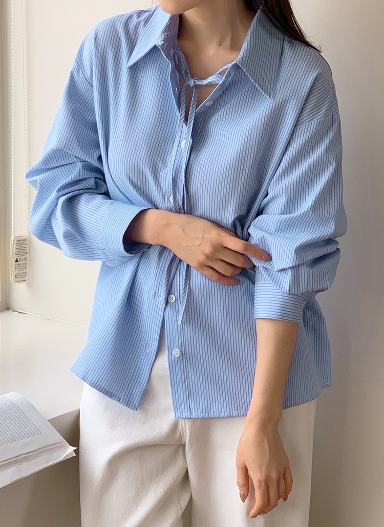 アンタイトル クリスタルリネンリボンシャツ ネイビー 水色 白 ストライプ S H CVRL-032 Coverall Shirt(Cotton/Linen), Blue Stripe – Keylime Tokyo