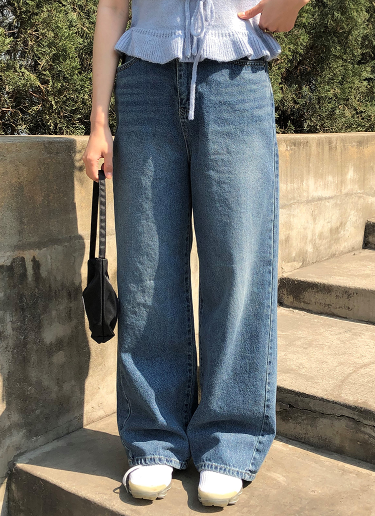 デニム パンツ プリーツデザイン ウオッシュ ルーズ ジーンズ 6 サイドラインウォッシュワイドデニムパンツ | レディース