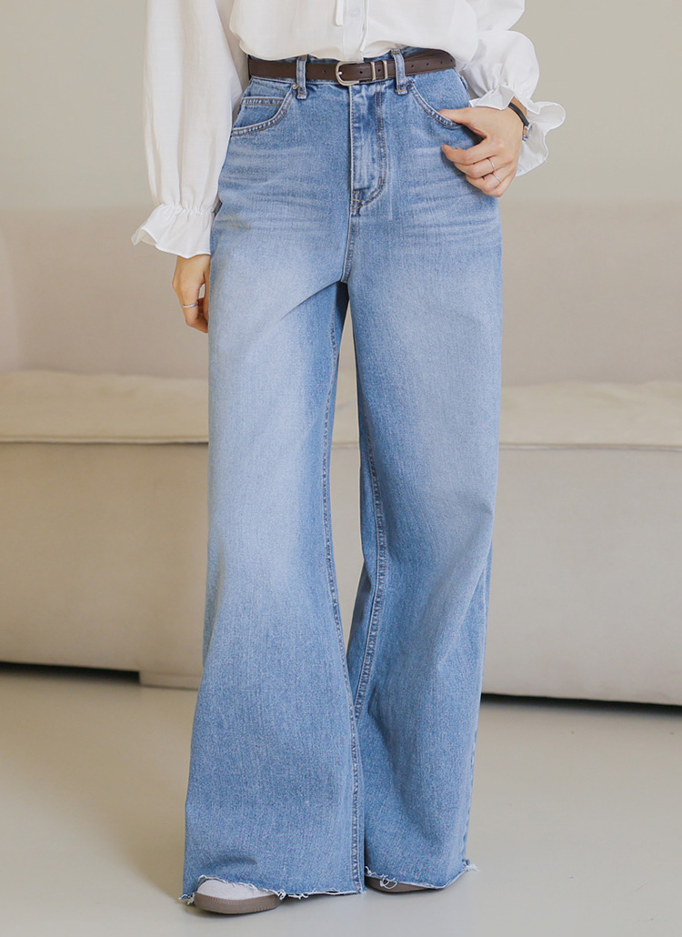 [Tilde seoul] バブル ドット フリル ワイド デニム カットオフロングワイドデニムパンツ | レディースファッション
