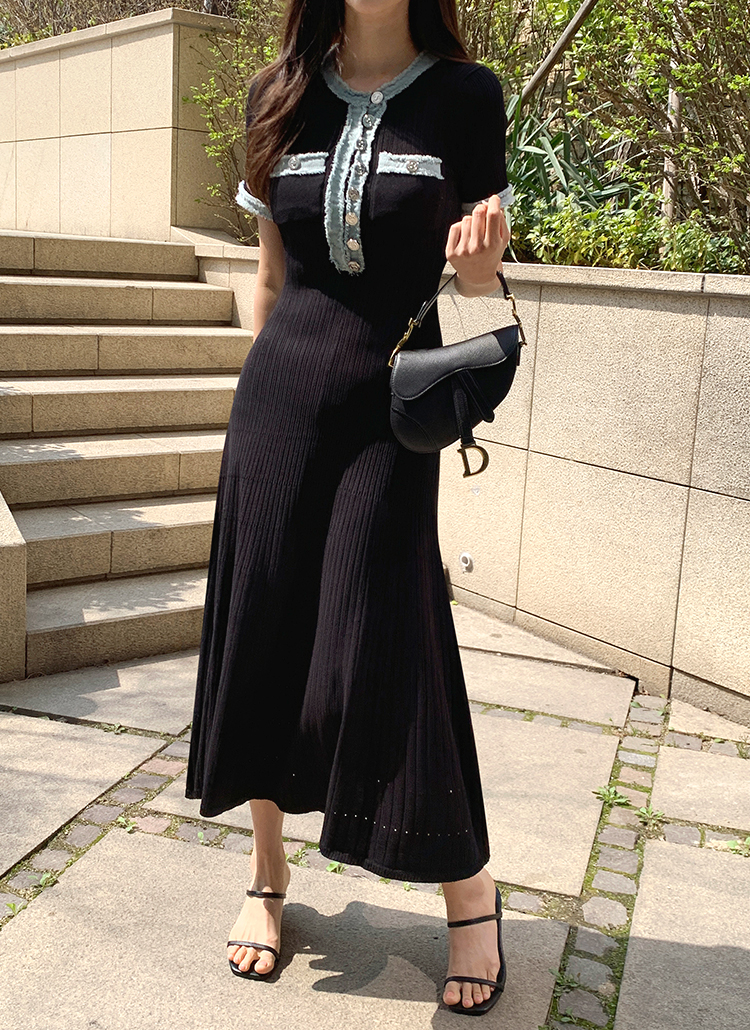 デニムハーフボタン半袖ニットワンピース | レディースファッション