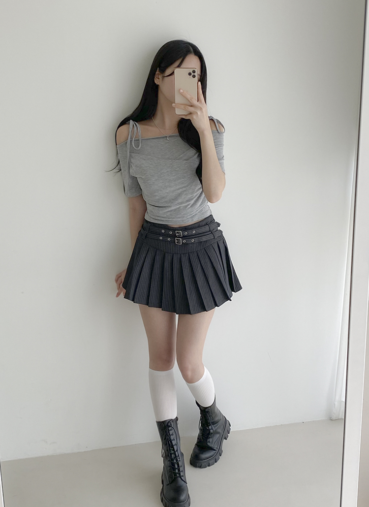 パンツ裏地ダブルアイレットベルトストライププリーツスカート