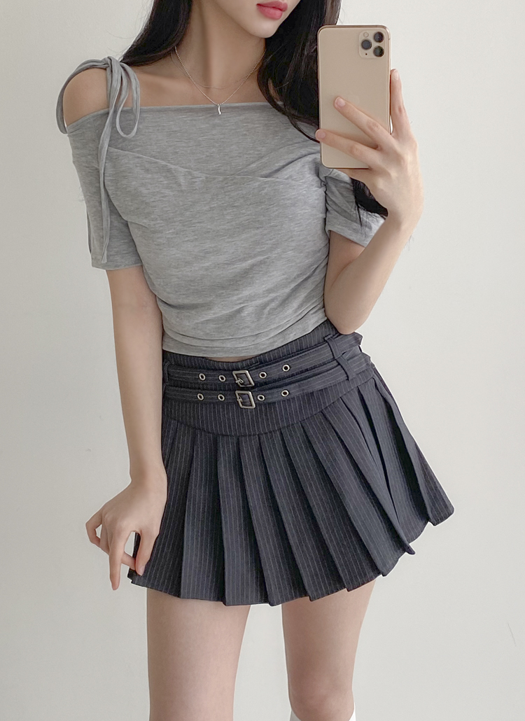 パンツ裏地ダブルアイレットベルトストライププリーツスカート