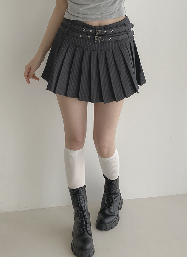 パンツ裏地ダブルアイレットベルトストライププリーツスカート