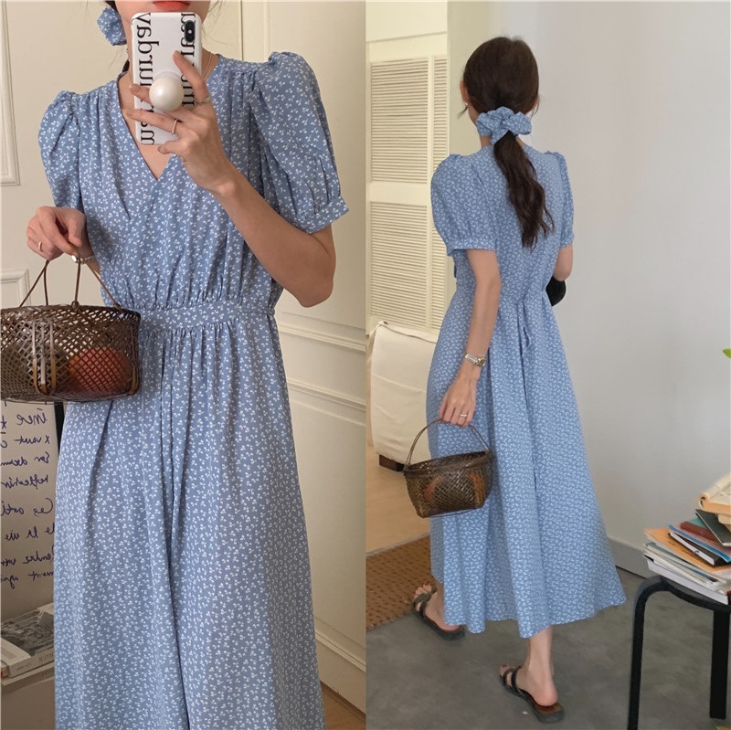 シュシュ付小花柄カシュクールパフ半袖ワンピース | 詳細画像2