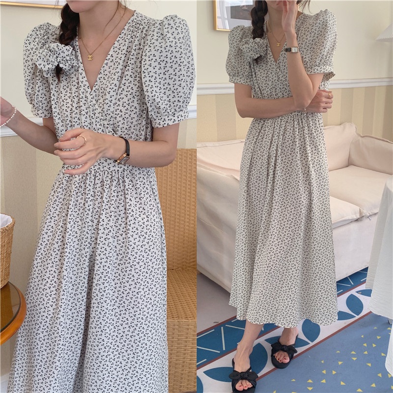 シュシュ付小花柄カシュクールパフ半袖ワンピース | 詳細画像3
