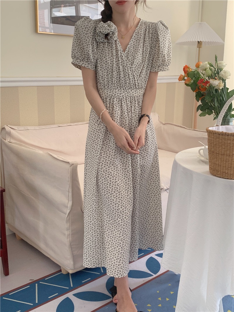 シュシュ付小花柄カシュクールパフ半袖ワンピース | 詳細画像16