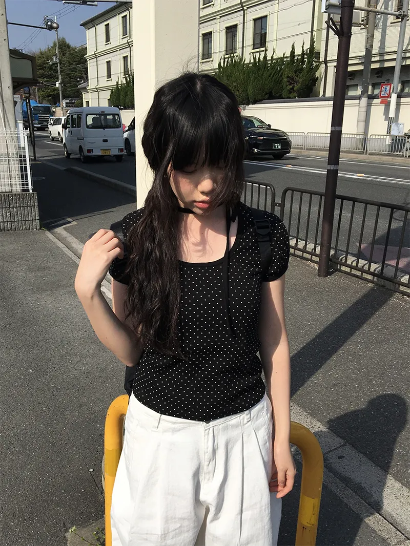 リボンネックドットパフ半袖Tシャツ | anyonemore | 詳細画像1