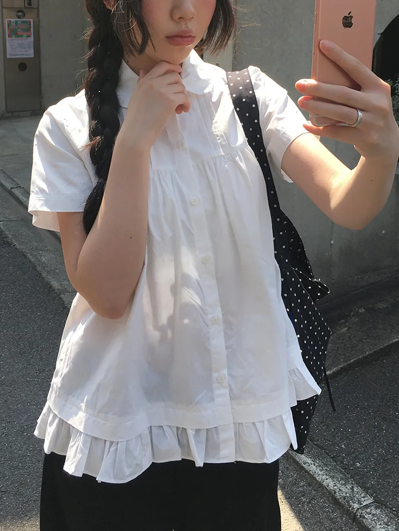 カラーネックピンタックフリル半袖ブラウス | anyonemore | 詳細画像1
