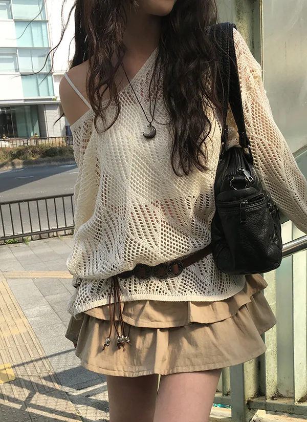 カップショートキャミ&ベルト付パンチングシースルーニットSET | anyonemore | 詳細画像1