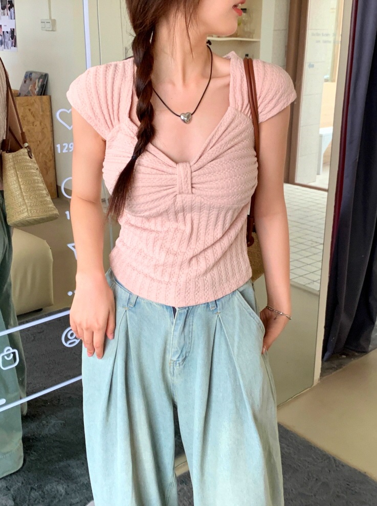 リボンダイヤネックフレンチスリーブワッフルTシャツ | 詳細画像2