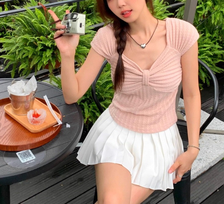 リボンダイヤネックフレンチスリーブワッフルTシャツ | 詳細画像3