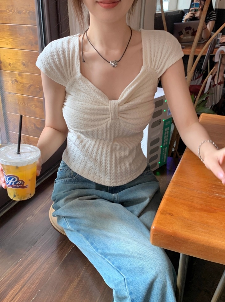リボンダイヤネックフレンチスリーブワッフルTシャツ | 詳細画像6