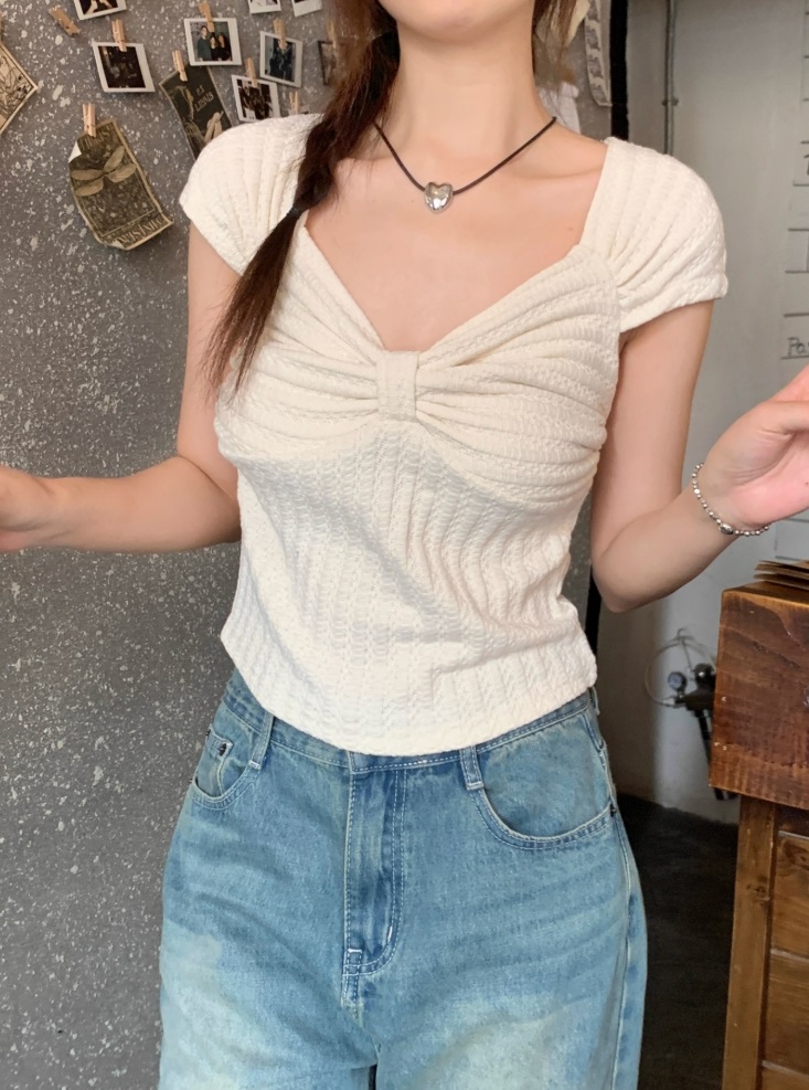 リボンダイヤネックフレンチスリーブワッフルTシャツ | 詳細画像7