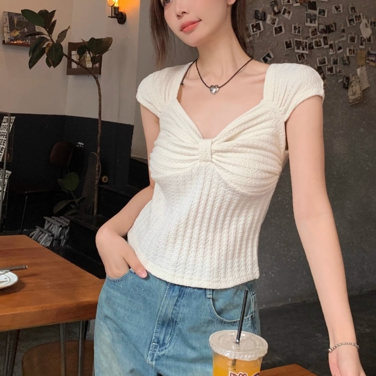 リボンダイヤネックフレンチスリーブワッフルTシャツ | 詳細画像8