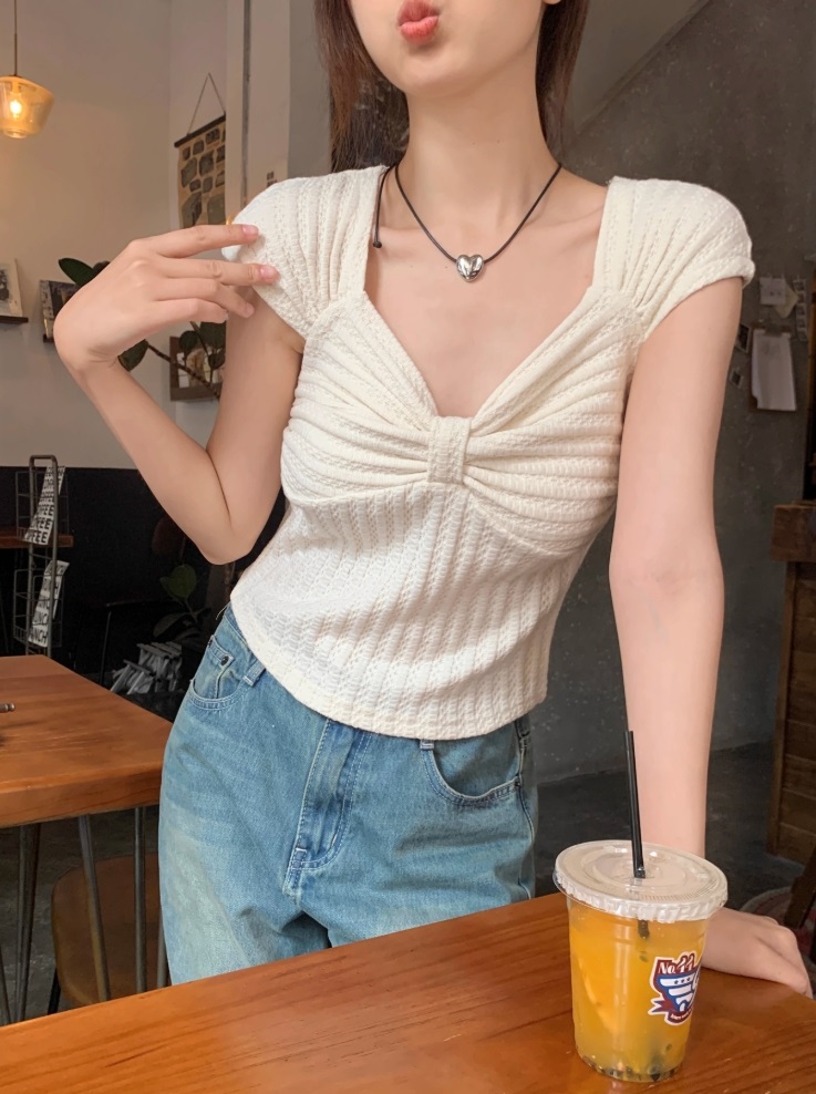 リボンダイヤネックフレンチスリーブワッフルTシャツ | 詳細画像9
