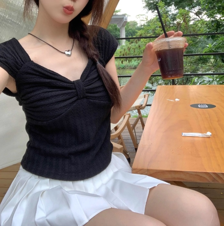 リボンダイヤネックフレンチスリーブワッフルTシャツ | 詳細画像10