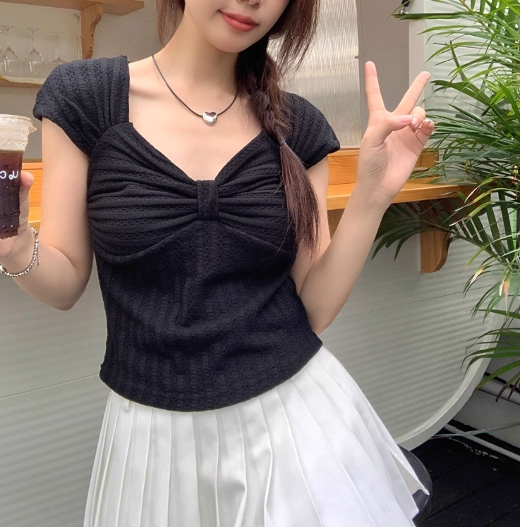 リボンダイヤネックフレンチスリーブワッフルTシャツ | 詳細画像11