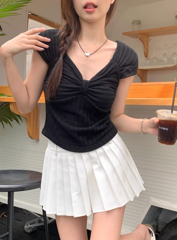 リボンダイヤネックフレンチスリーブワッフルTシャツ | 詳細画像12