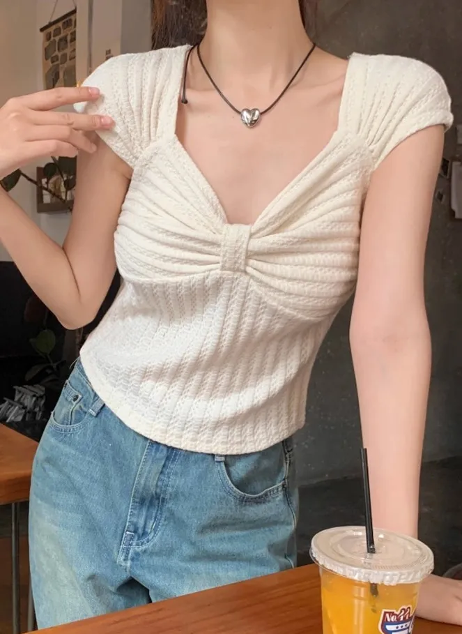 リボンダイヤネックフレンチスリーブワッフルTシャツ | 詳細画像1