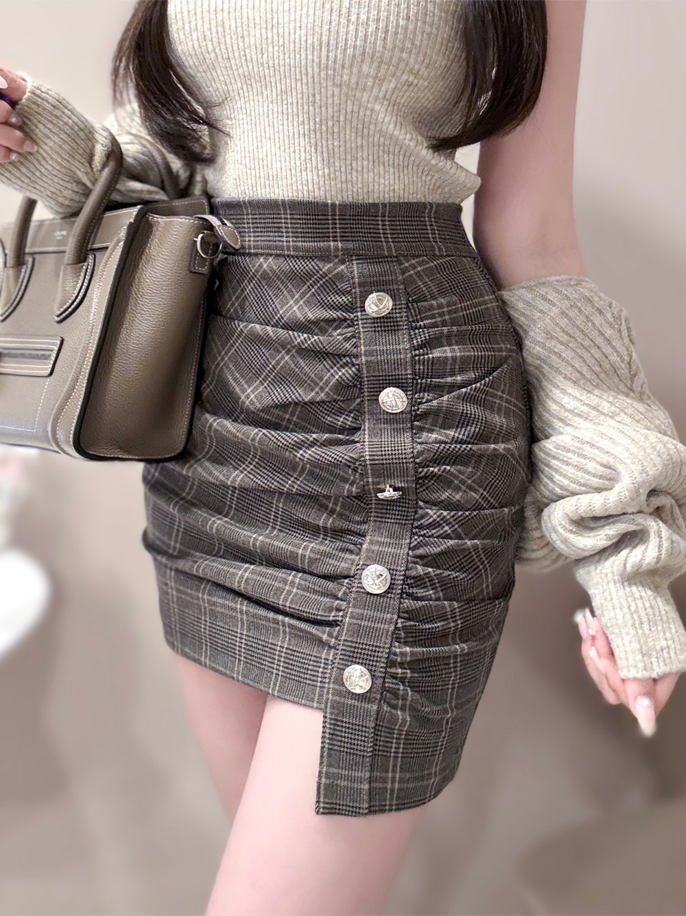 シャーリングボタンチェックミニスカート | 詳細画像2