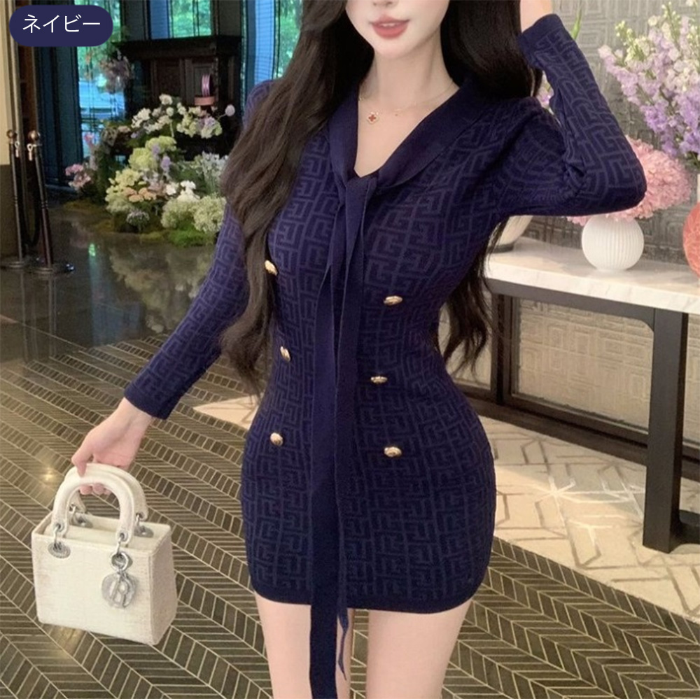 ボウタイダブルボタンニットミニワンピース | 詳細画像13