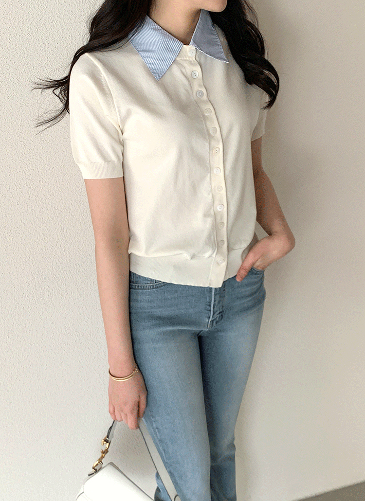 ホワイト ストライプ 半袖カーディガン XGFCD01H3 Vネック 配色 半袖 カーディガン