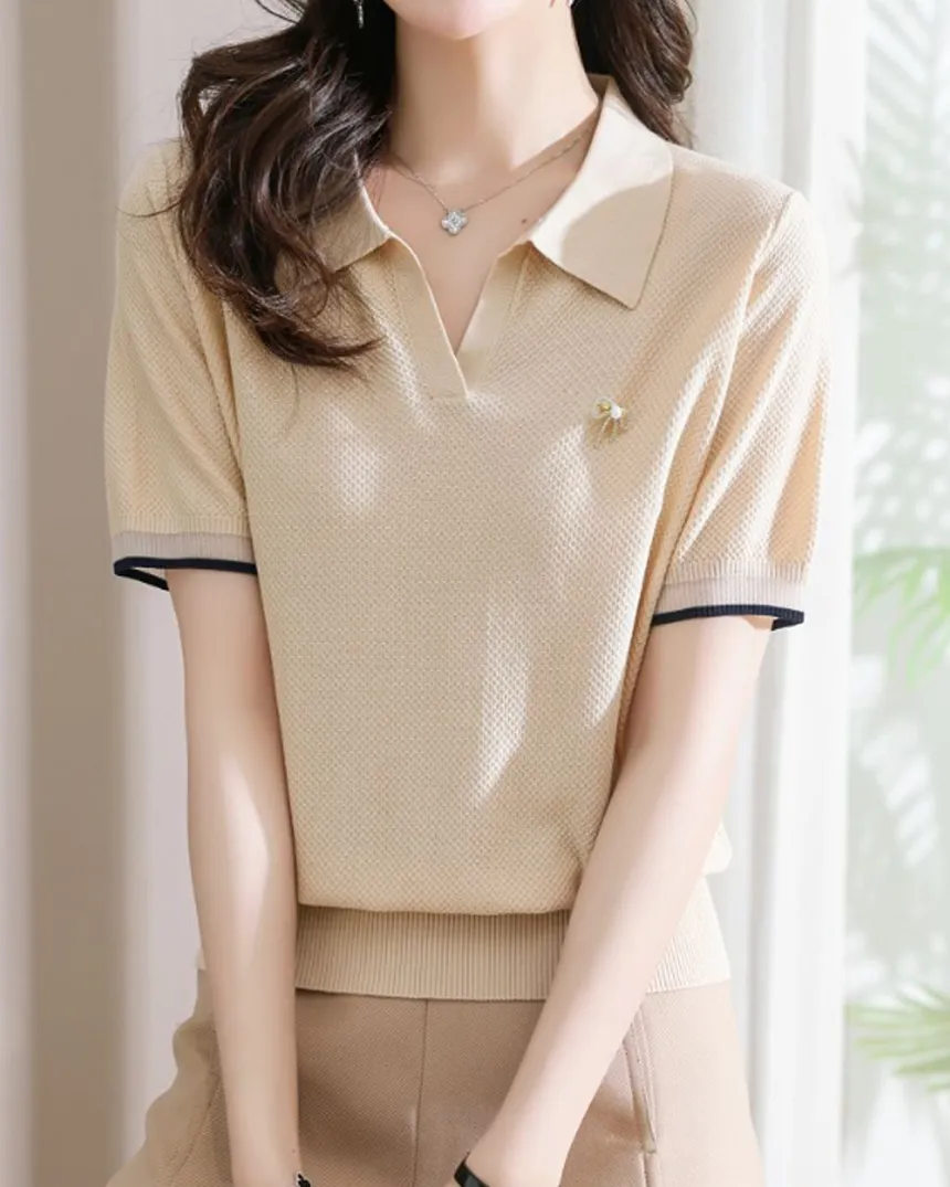 リボンブローチ付スキッパー配色半袖ニット | KEECHEL | 詳細画像1