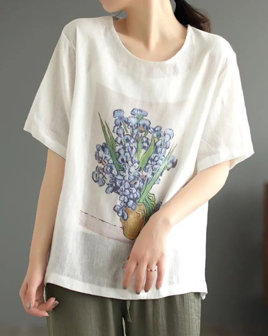 リネン混フラワープリント半袖Tシャツ | KEECHEL | 詳細画像1