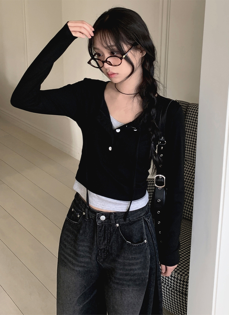 ストラップハーフボタンネックレイヤードTシャツ | レディース