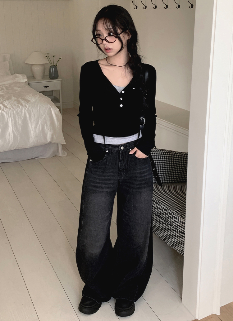 ストラップハーフボタンネックレイヤードTシャツ | レディース