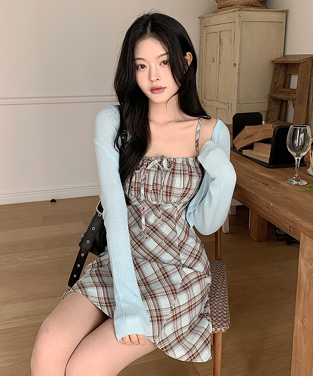 チェックリボンキャミワンピース&ボレロカーディガンSET