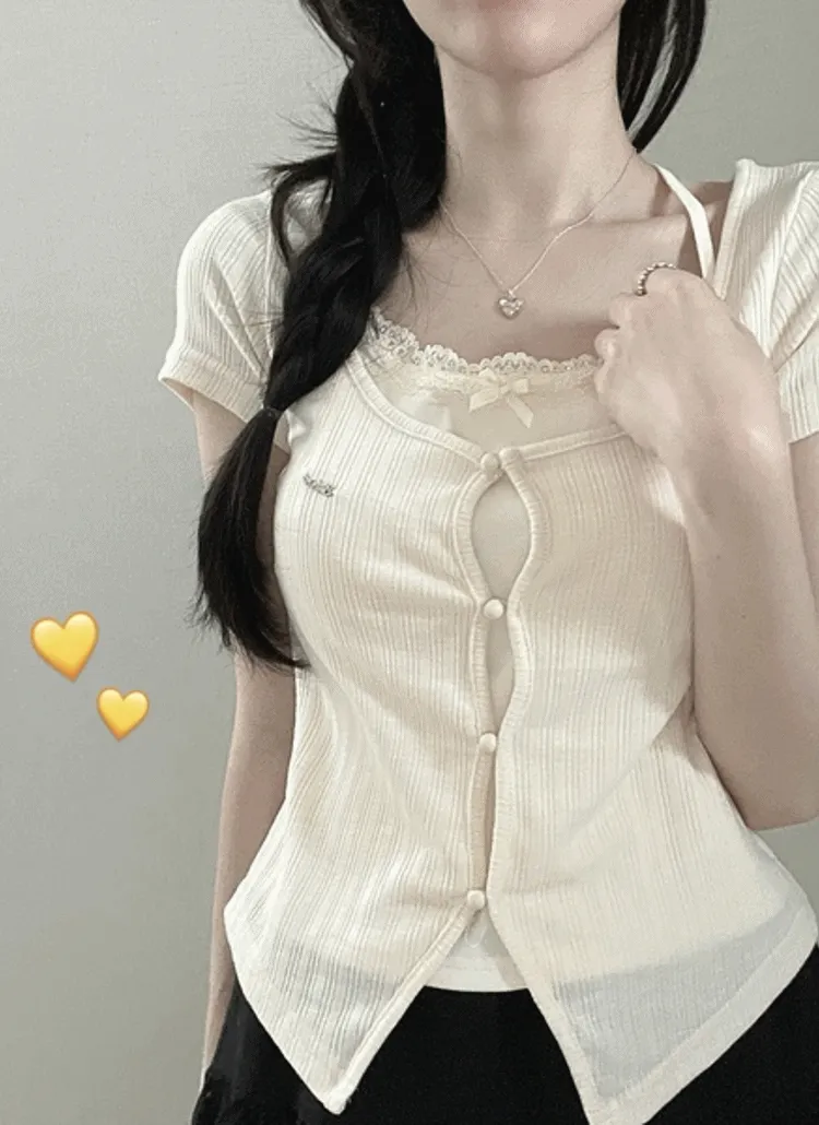 ホルターレースキャミレイヤードミニボタン半袖Tシャツ | NEEDON | 詳細画像1