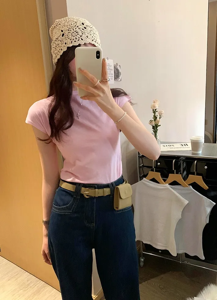 リネン混モックネックフレンチスリーブTシャツ | 詳細画像1
