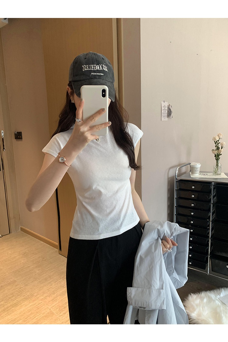 リネン混モックネックフレンチスリーブTシャツ | 詳細画像10