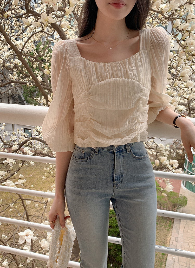 シクラス　シャーリングパフスリーブ　ブラウス　美品 シャーリングシアーパフスリーブブラウス | レディースファッション