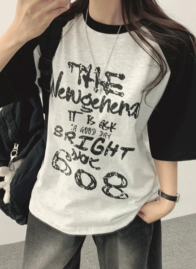 配色ラグランプリント半袖Tシャツ | withhuilin | 詳細画像1