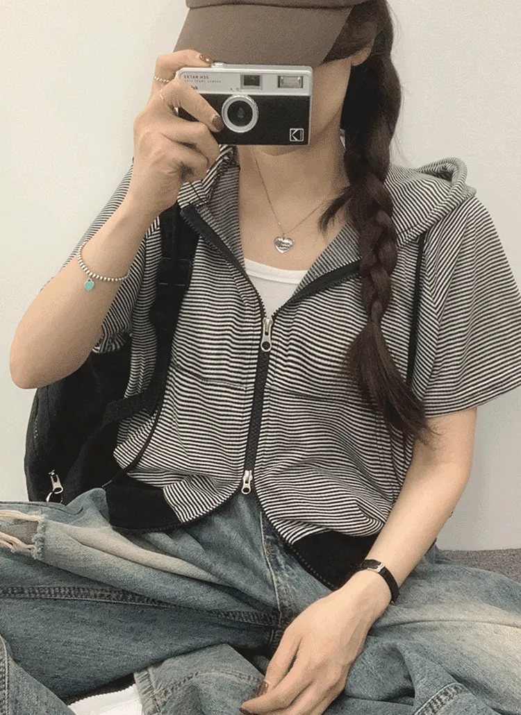 ダブルジップボーダー半袖パーカー | withhuilin | 詳細画像1