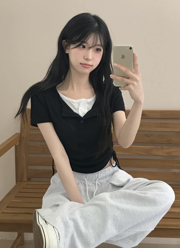2TYPEハーフボタンドロストレイヤード半袖Tシャツ | レディース
