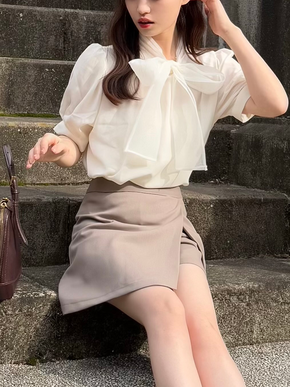 【yori 半袖パフスリーブリボンブラウス】 Lace Ladies（レースレディース） ブラウス シャツ リボン付き ビッグ