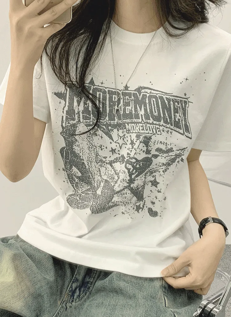 MOREMONEYロックプリント半袖Tシャツ | withhuilin | 詳細画像1