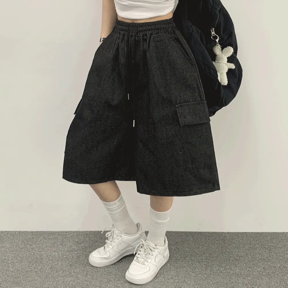 ドロストカーゴバミューダデニムパンツ | withhuilin | 詳細画像1