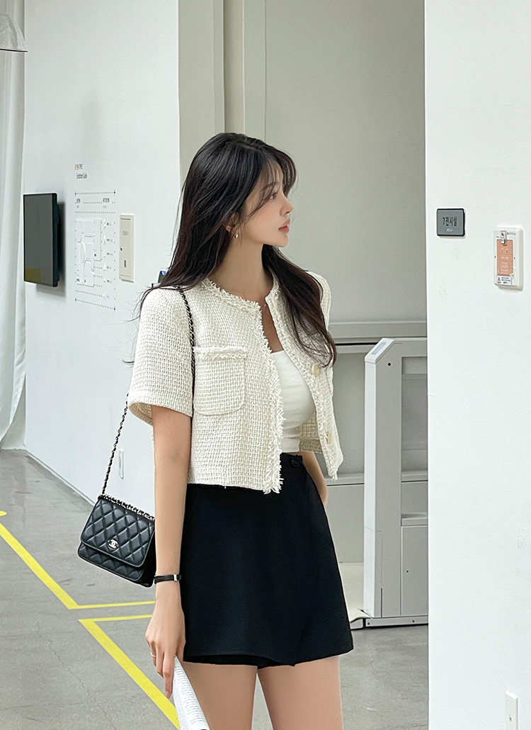 極美品 フォクシー ノーカラージャケット リネン ツイード レース フリンジ フリンジツイードノーカラー半袖ジャケット | レディース