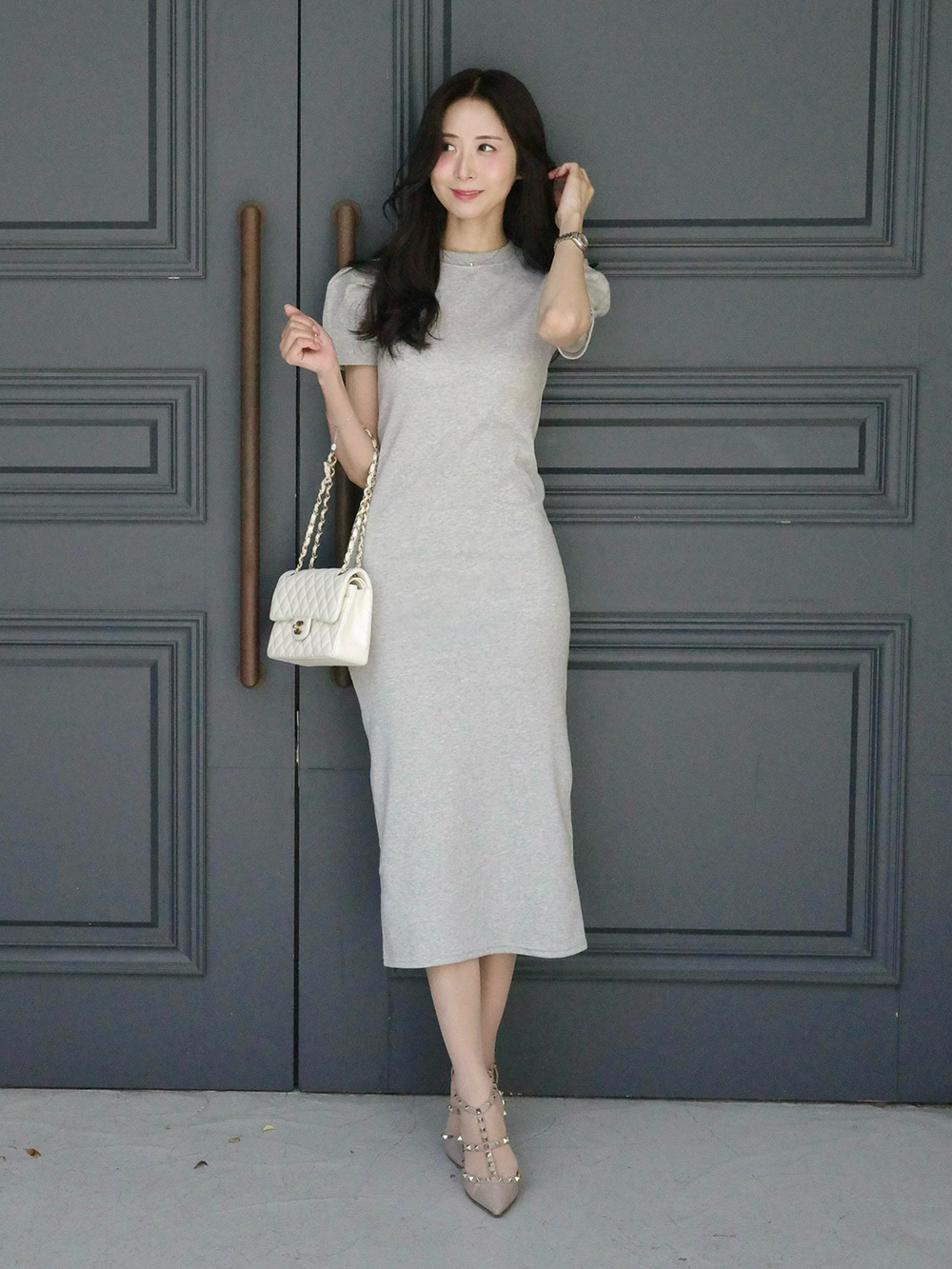 Since Then キュート パフスリーブ ワンピース ロング 半袖 SinceThenキュート vネック フリル パフスリーブ ワンピース