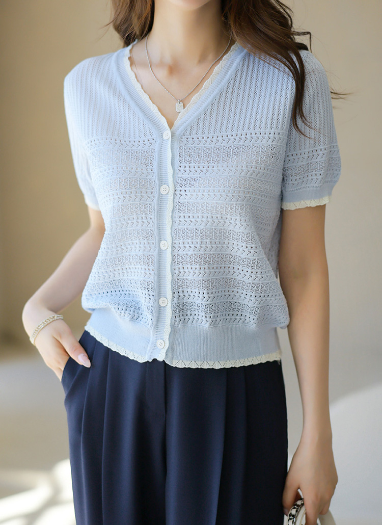 配色Vネックパンチングシアー半袖カーディガン | レディース